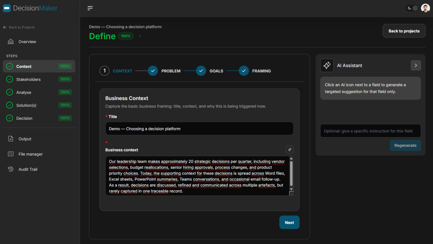 Decisionmaker platform — decision workflow dashboard
